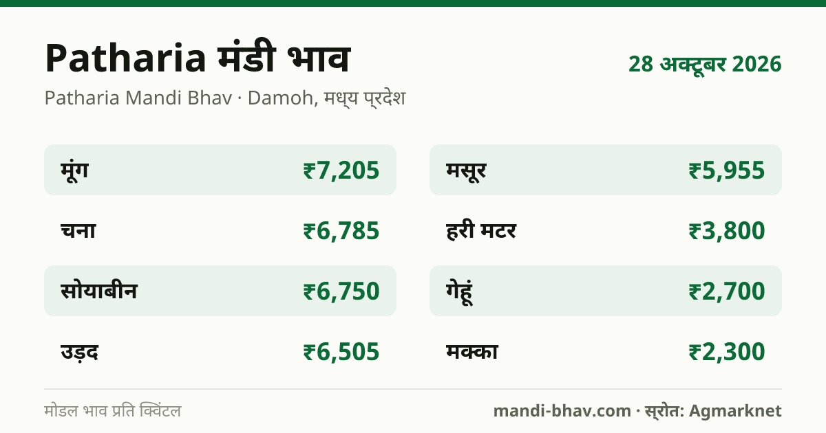 Patharia मंडी भाव 28 अक्टूबर 2026: फसलवार मोडल रेट प्रति क्विंटल