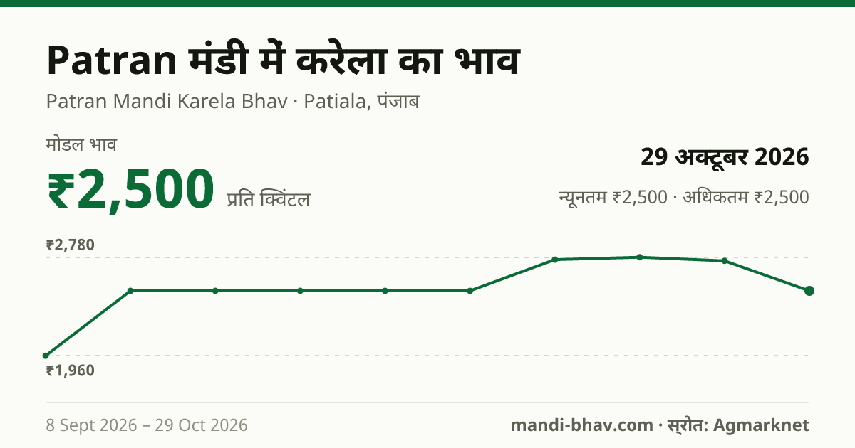 Patran मंडी में करेला का भाव 29 अक्टूबर 2026: मोडल ₹2,500 प्रति क्विंटल, भाव के रुझान का चार्ट