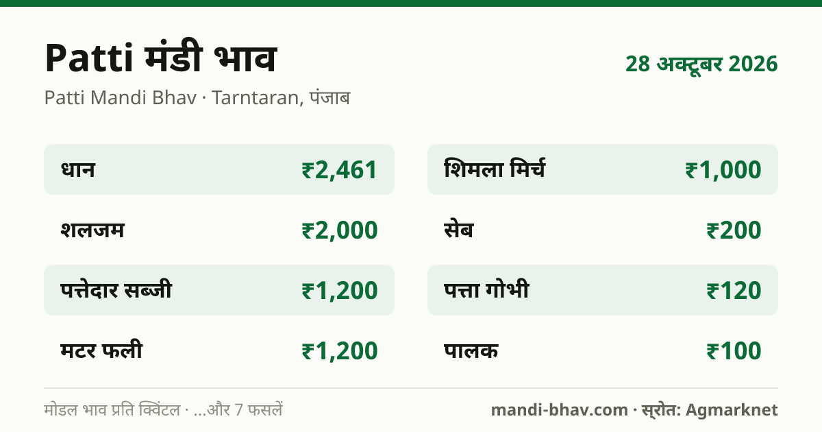 Patti मंडी भाव 28 अक्टूबर 2026: फसलवार मोडल रेट प्रति क्विंटल