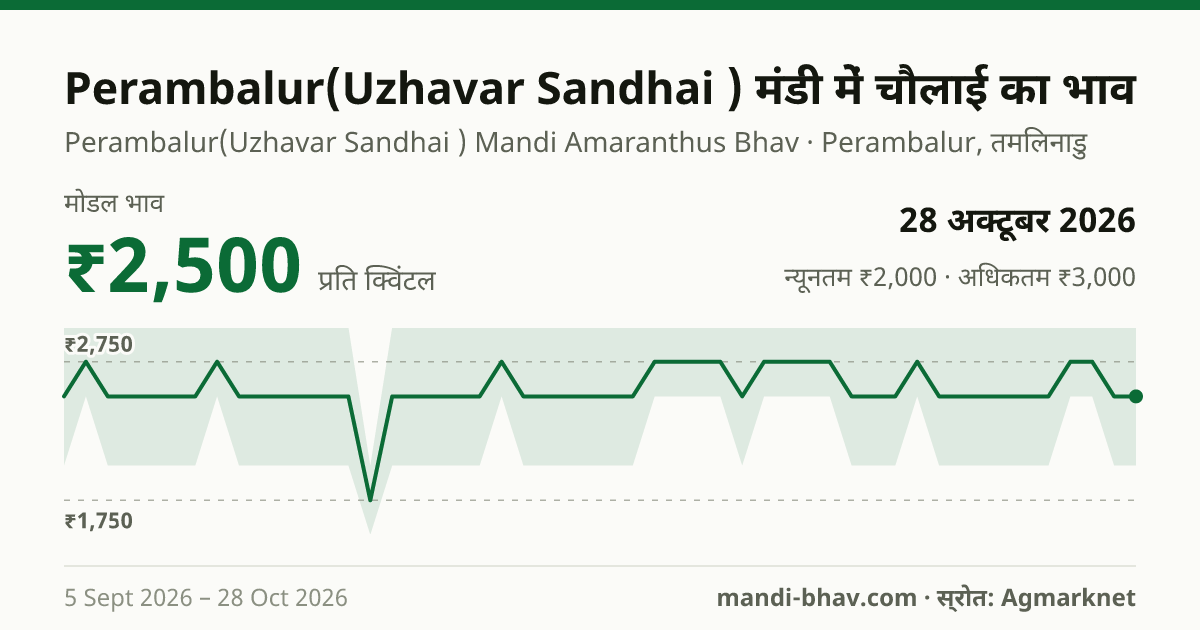 Perambalur(Uzhavar Sandhai ) मंडी में चौलाई का भाव 28 अक्टूबर 2026: मोडल ₹2,500 प्रति क्विंटल, भाव के रुझान का चार्ट