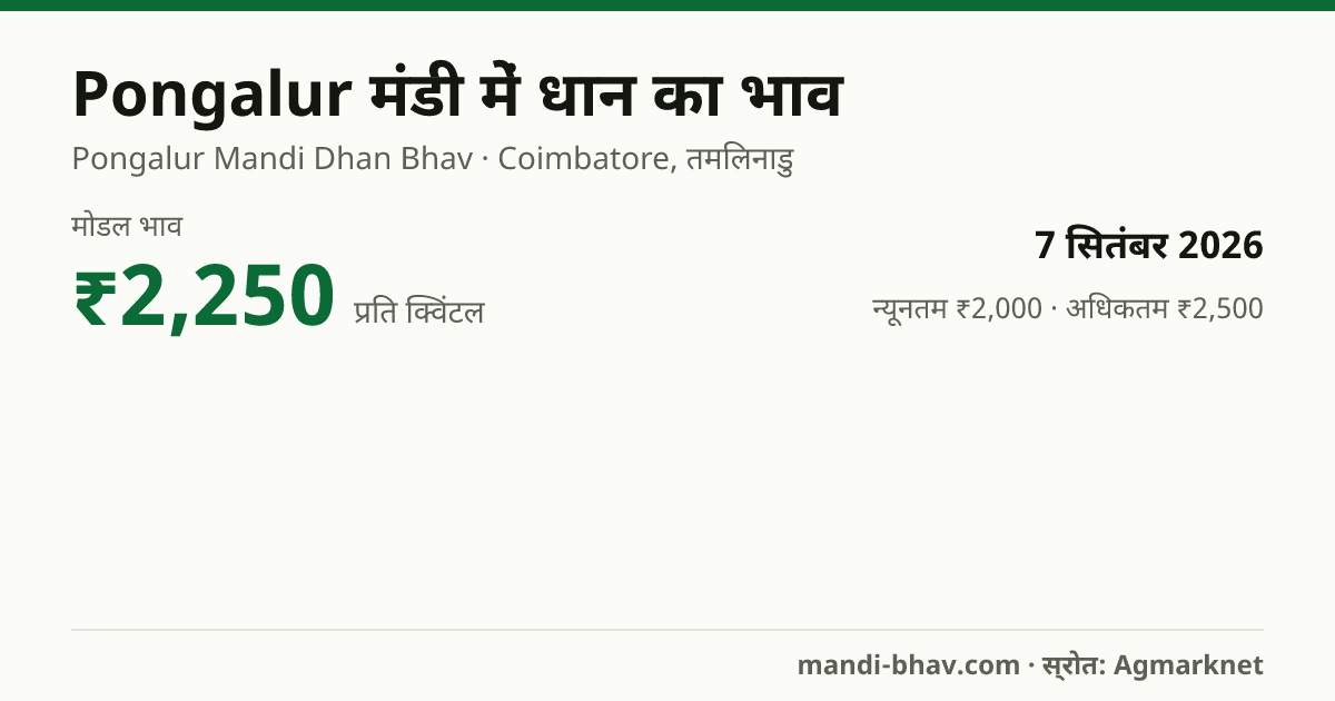 Pongalur मंडी में धान का भाव 7 सितंबर 2026: मोडल ₹2,250 प्रति क्विंटल, भाव के रुझान का चार्ट