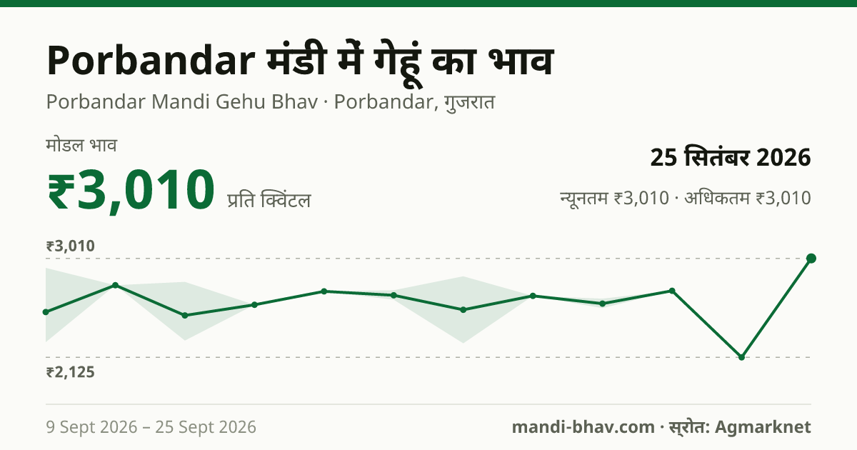 Porbandar मंडी में गेहूं का भाव 25 सितंबर 2026: मोडल ₹3,010 प्रति क्विंटल, भाव के रुझान का चार्ट