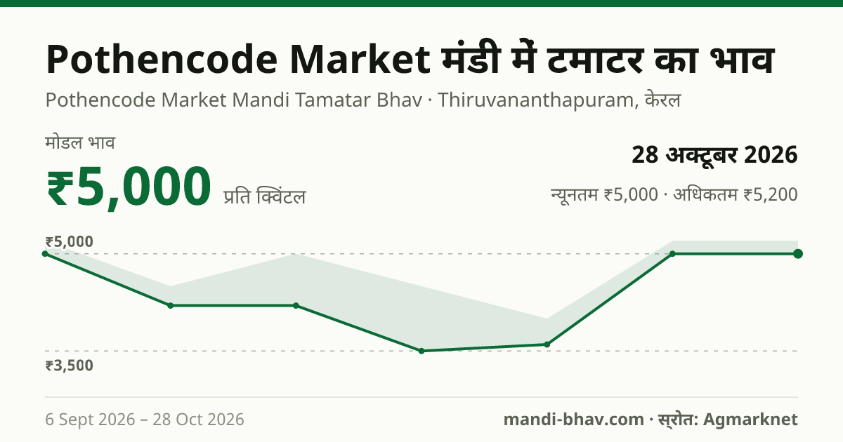Pothencode Market मंडी में टमाटर का भाव 28 अक्टूबर 2026: मोडल ₹5,000 प्रति क्विंटल, भाव के रुझान का चार्ट