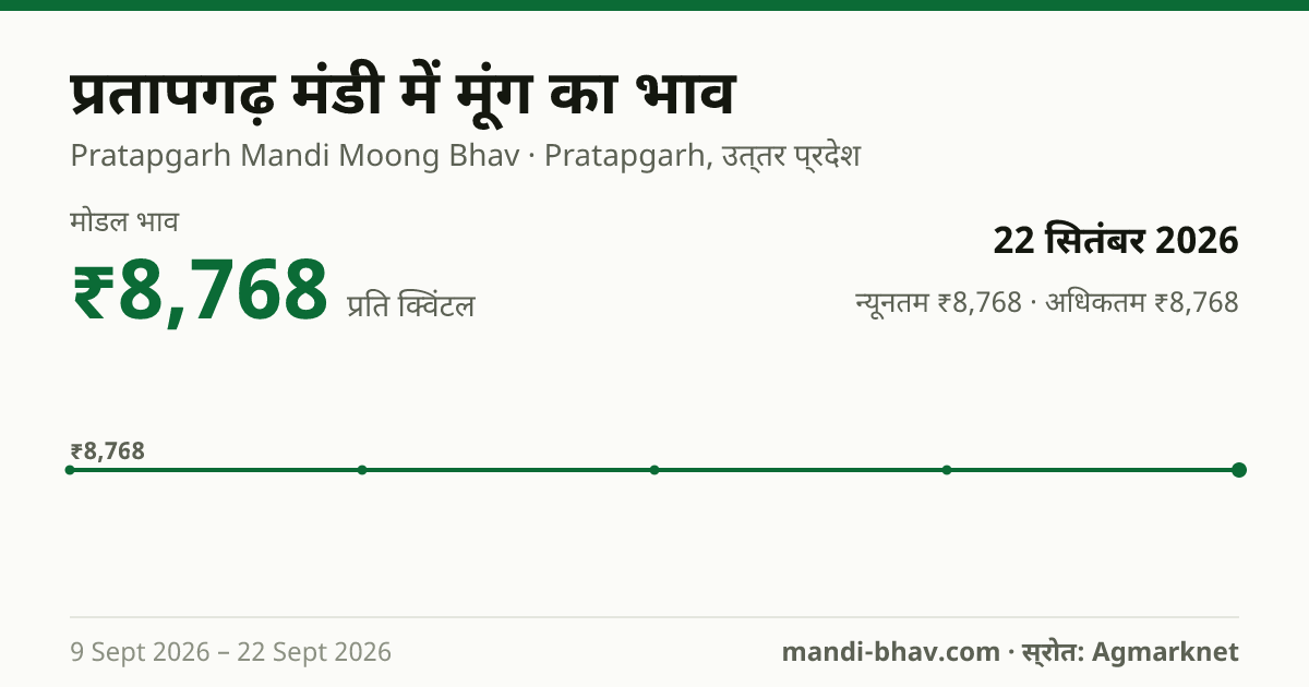 प्रतापगढ़ मंडी में मूंग का भाव 22 सितंबर 2026: मोडल ₹8,768 प्रति क्विंटल, भाव के रुझान का चार्ट