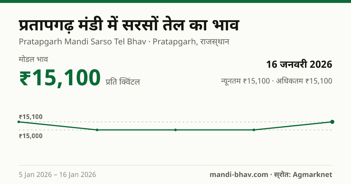 प्रतापगढ़ मंडी में Mustard Oil का भाव 16 जनवरी 2026: मोडल ₹15,100 प्रति क्विंटल, भाव के रुझान का चार्ट