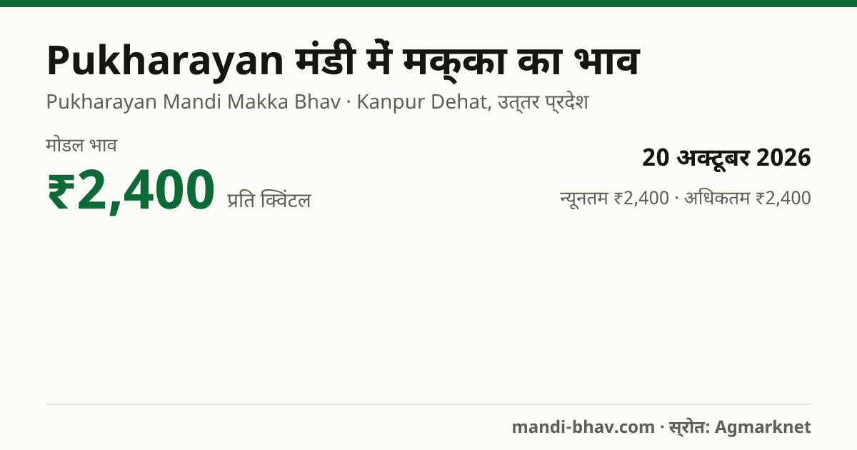Pukharayan मंडी में मक्का का भाव 20 अक्टूबर 2026: मोडल ₹2,400 प्रति क्विंटल, भाव के रुझान का चार्ट