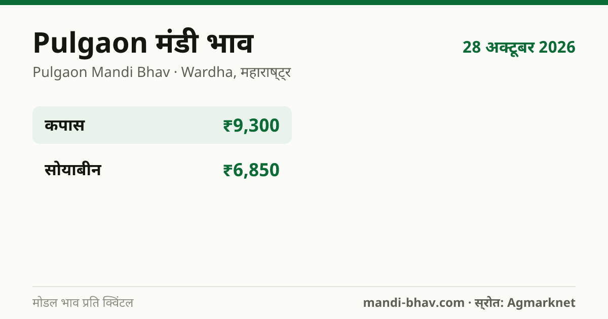 Pulgaon मंडी भाव 28 अक्टूबर 2026: फसलवार मोडल रेट प्रति क्विंटल