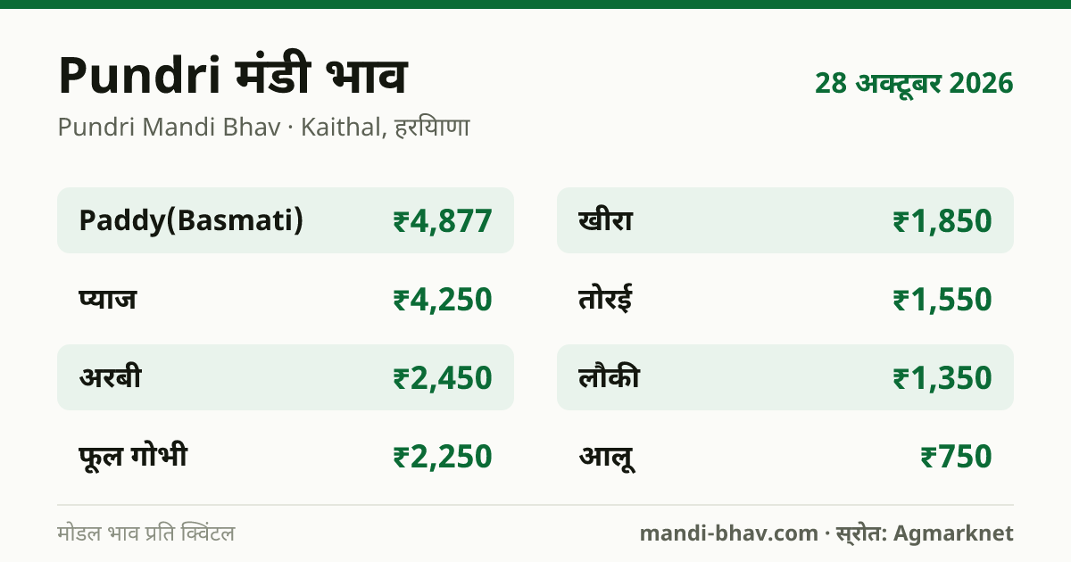 Pundri मंडी भाव 28 अक्टूबर 2026: फसलवार मोडल रेट प्रति क्विंटल