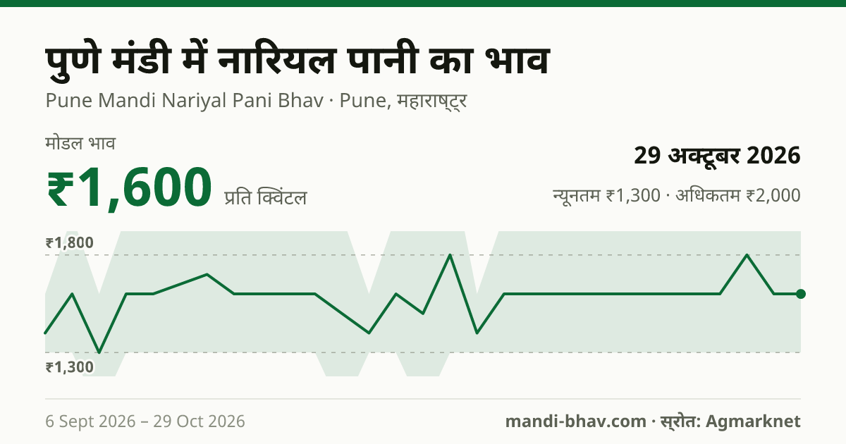 पुणे मंडी में नारियल पानी का भाव 29 अक्टूबर 2026: मोडल ₹1,600 प्रति क्विंटल, भाव के रुझान का चार्ट