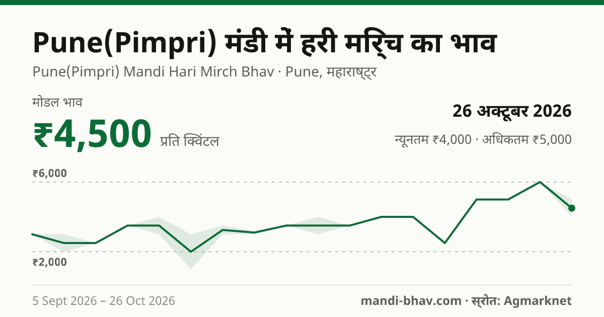 Pune(Pimpri) मंडी में हरी मिर्च का भाव 26 अक्टूबर 2026: मोडल ₹4,500 प्रति क्विंटल, भाव के रुझान का चार्ट