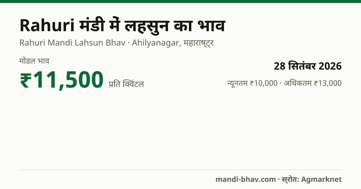 Rahuri मंडी में लहसुन का भाव 28 सितंबर 2026: मोडल ₹11,500 प्रति क्विंटल, भाव के रुझान का चार्ट