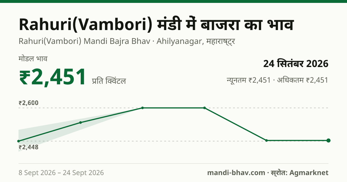 Rahuri(Vambori) मंडी में बाजरा का भाव 24 सितंबर 2026: मोडल ₹2,451 प्रति क्विंटल, भाव के रुझान का चार्ट