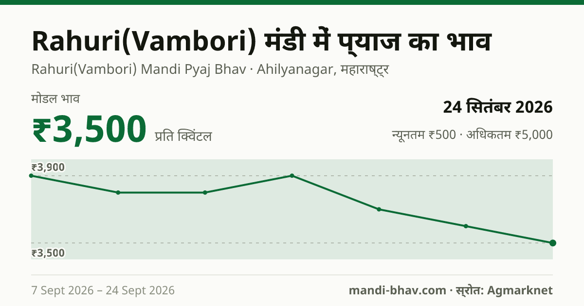 Rahuri(Vambori) मंडी में प्याज का भाव 24 सितंबर 2026: मोडल ₹3,500 प्रति क्विंटल, भाव के रुझान का चार्ट