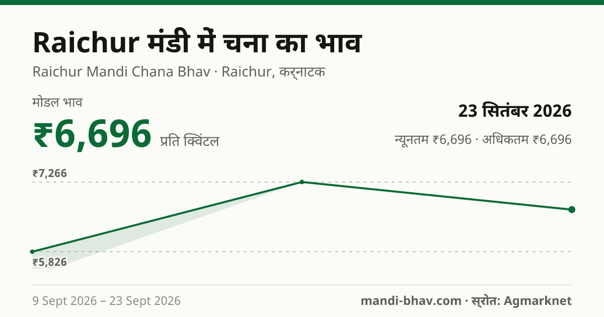 Raichur मंडी में चना का भाव 23 सितंबर 2026: मोडल ₹6,696 प्रति क्विंटल, भाव के रुझान का चार्ट