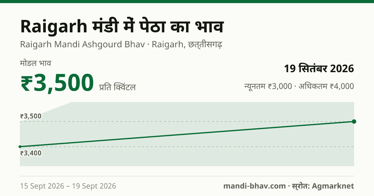 Raigarh मंडी में पेठा का भाव 19 सितंबर 2026: मोडल ₹3,500 प्रति क्विंटल, भाव के रुझान का चार्ट