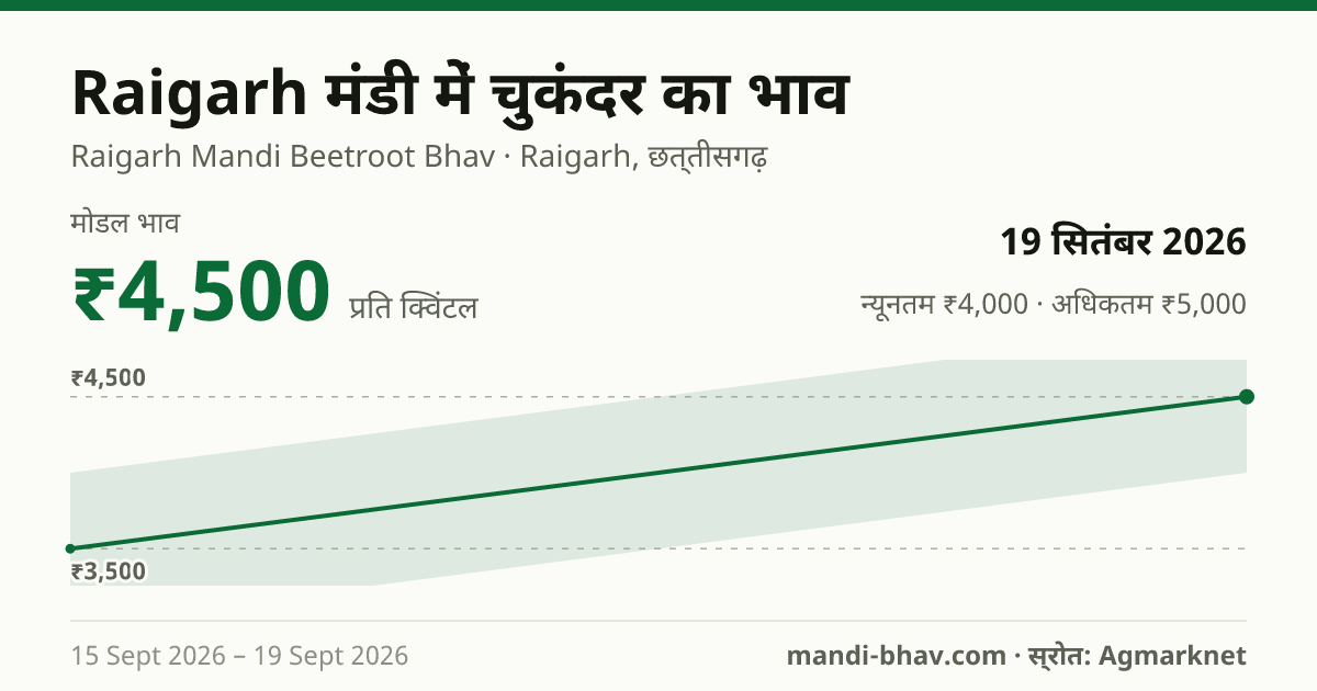 Raigarh मंडी में चुकंदर का भाव 19 सितंबर 2026: मोडल ₹4,500 प्रति क्विंटल, भाव के रुझान का चार्ट