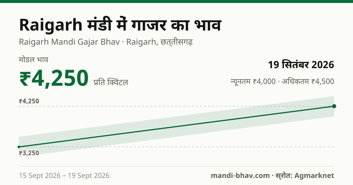 Raigarh मंडी में गाजर का भाव 19 सितंबर 2026: मोडल ₹4,250 प्रति क्विंटल, भाव के रुझान का चार्ट