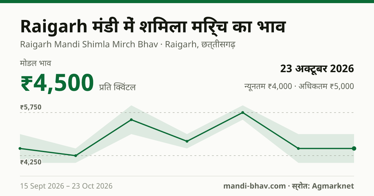 Raigarh मंडी में Chilly Capsicum का भाव 23 अक्टूबर 2026: मोडल ₹4,500 प्रति क्विंटल, भाव के रुझान का चार्ट