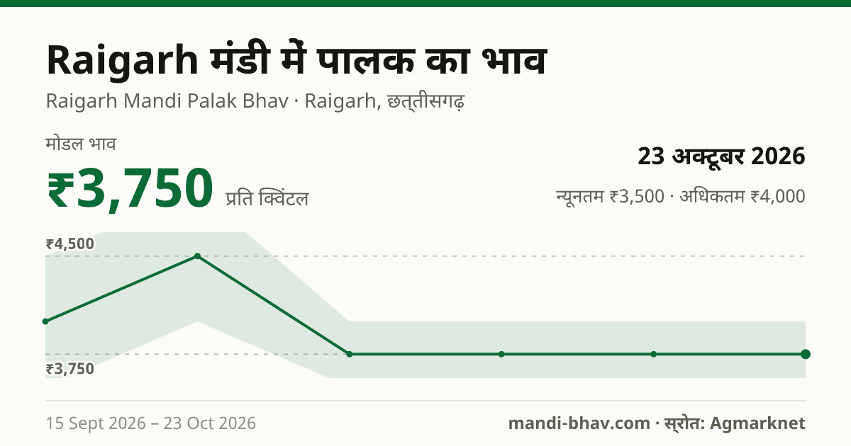Raigarh मंडी में पालक का भाव 23 अक्टूबर 2026: मोडल ₹3,750 प्रति क्विंटल, भाव के रुझान का चार्ट