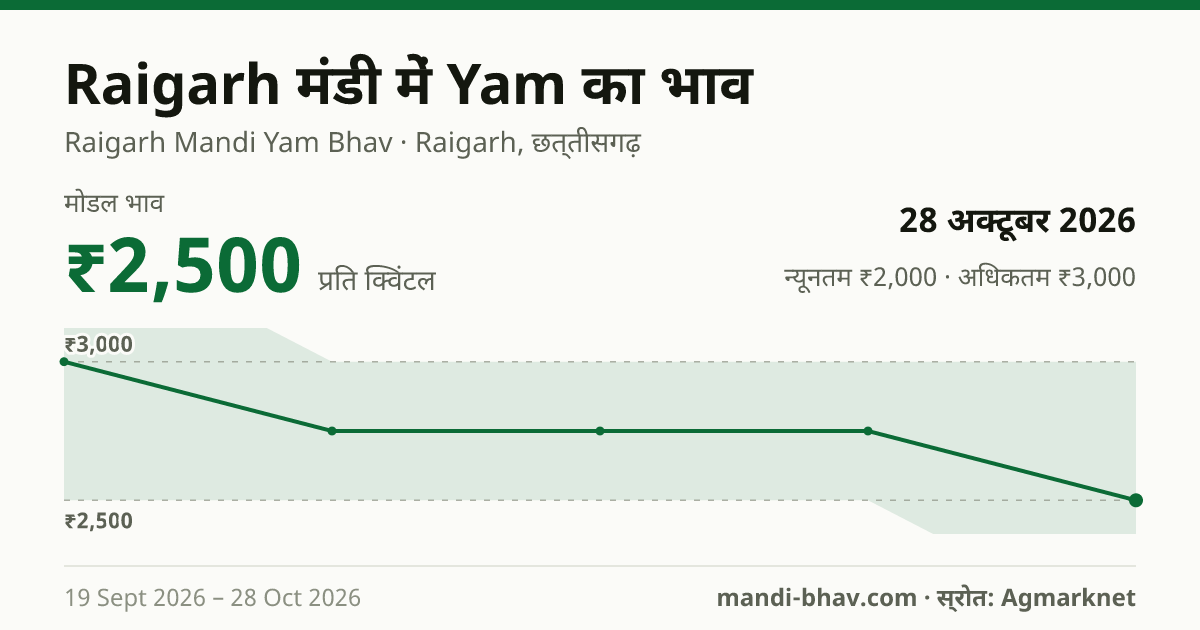 Raigarh मंडी में Yam का भाव 28 अक्टूबर 2026: मोडल ₹2,500 प्रति क्विंटल, भाव के रुझान का चार्ट