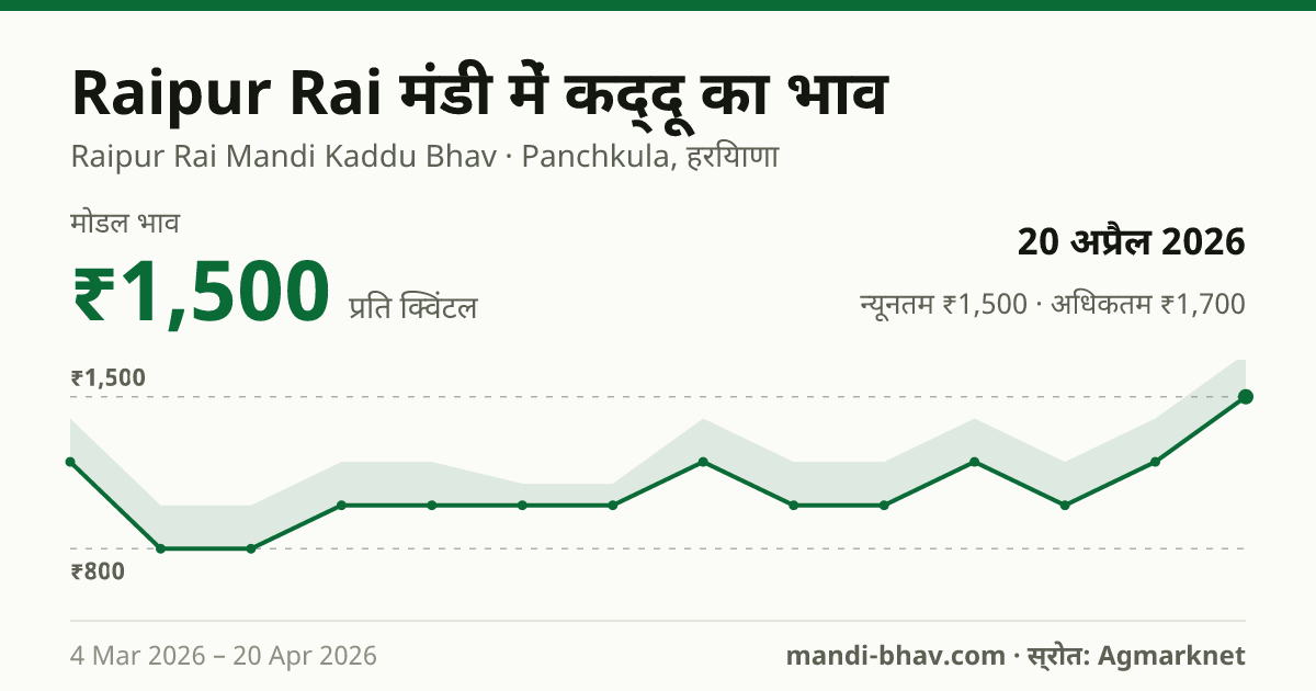 Raipur Rai मंडी में कद्दू का भाव 20 अप्रैल 2026: मोडल ₹1,500 प्रति क्विंटल, भाव के रुझान का चार्ट