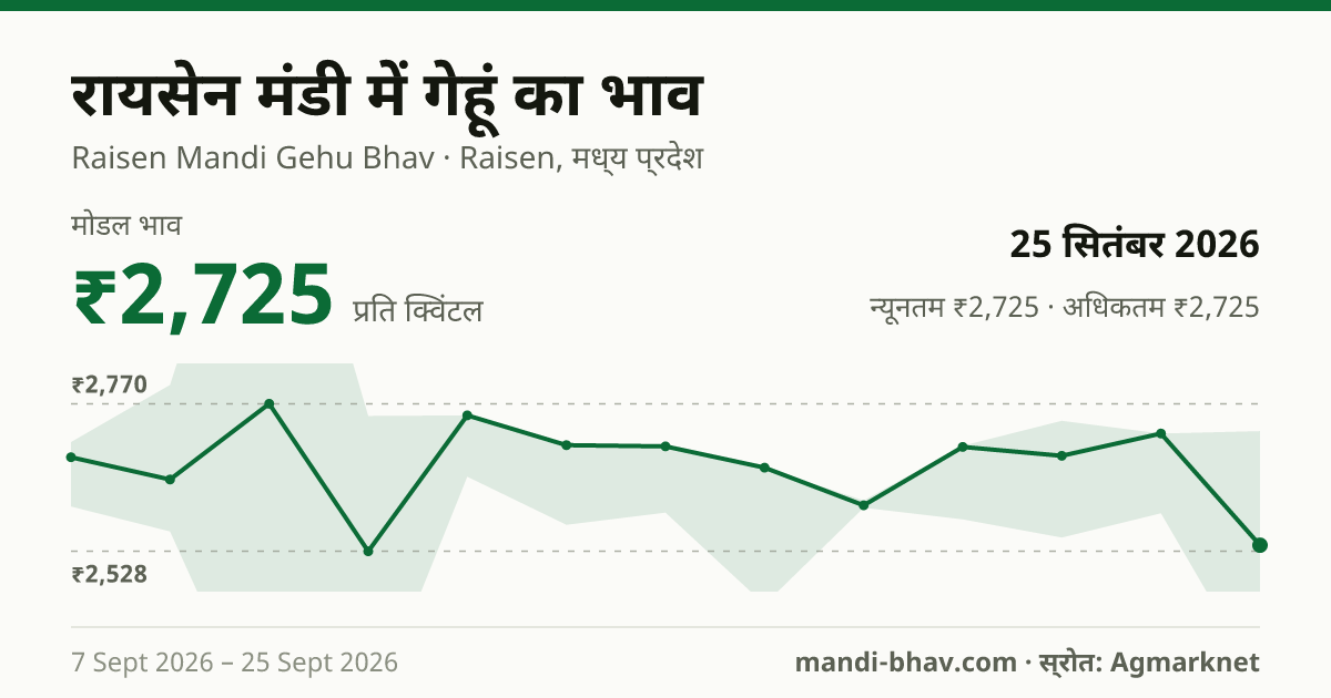 रायसेन मंडी में गेहूं का भाव 25 सितंबर 2026: मोडल ₹2,725 प्रति क्विंटल, भाव के रुझान का चार्ट