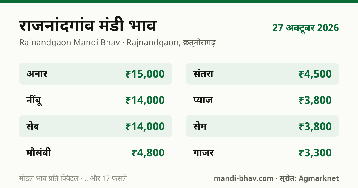 Rajnandgaon मंडी भाव 27 अक्टूबर 2026: फसलवार मोडल रेट प्रति क्विंटल