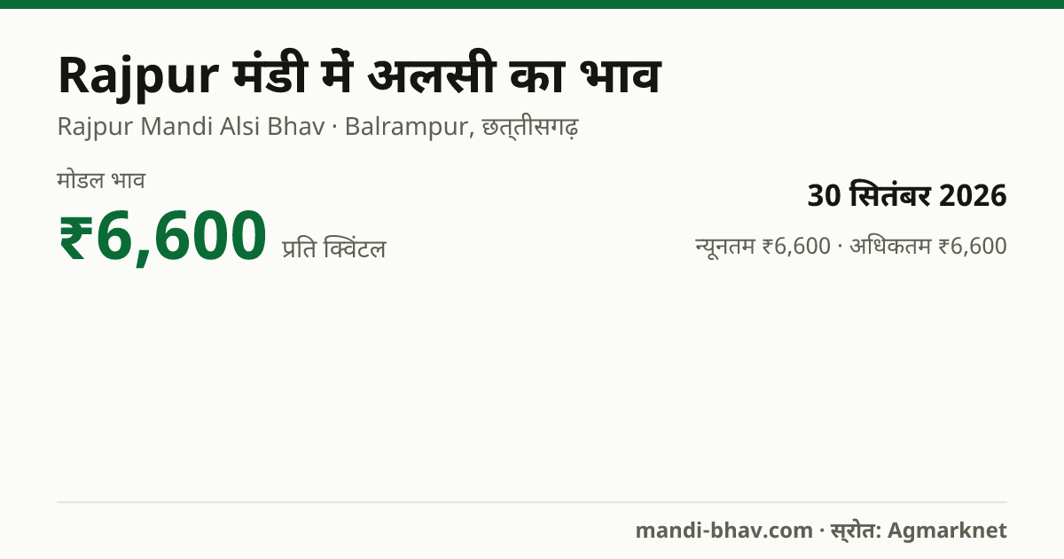 Rajpur मंडी में अलसी का भाव 30 सितंबर 2026: मोडल ₹6,600 प्रति क्विंटल, भाव के रुझान का चार्ट