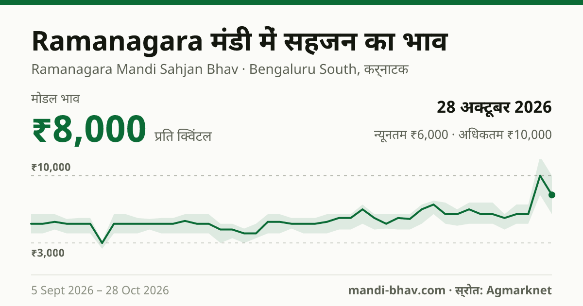 Ramanagara मंडी में सहजन का भाव 28 अक्टूबर 2026: मोडल ₹8,000 प्रति क्विंटल, भाव के रुझान का चार्ट