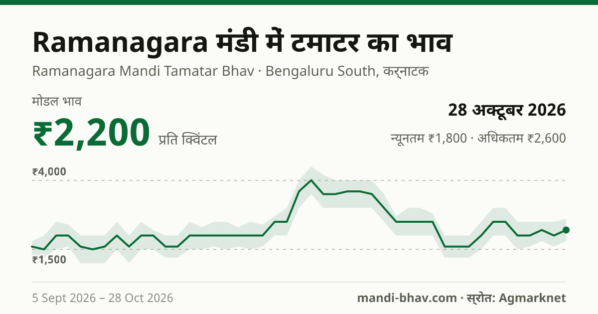 Ramanagara मंडी में टमाटर का भाव 28 अक्टूबर 2026: मोडल ₹2,200 प्रति क्विंटल, भाव के रुझान का चार्ट