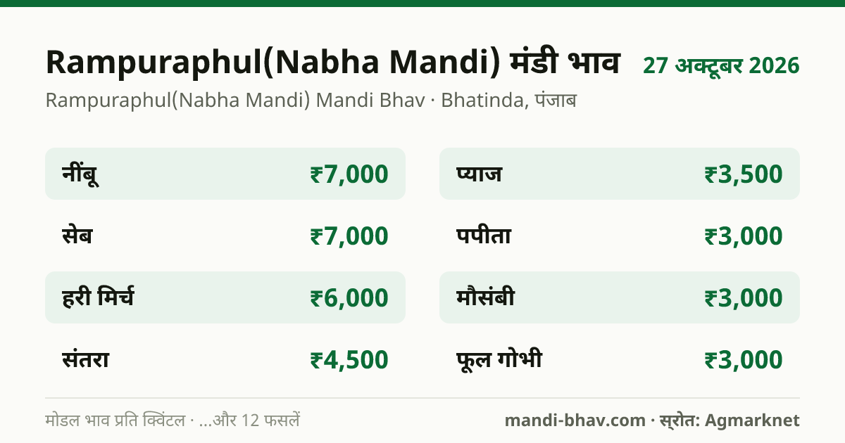 Rampuraphul(Nabha Mandi) मंडी भाव 27 अक्टूबर 2026: फसलवार मोडल रेट प्रति क्विंटल
