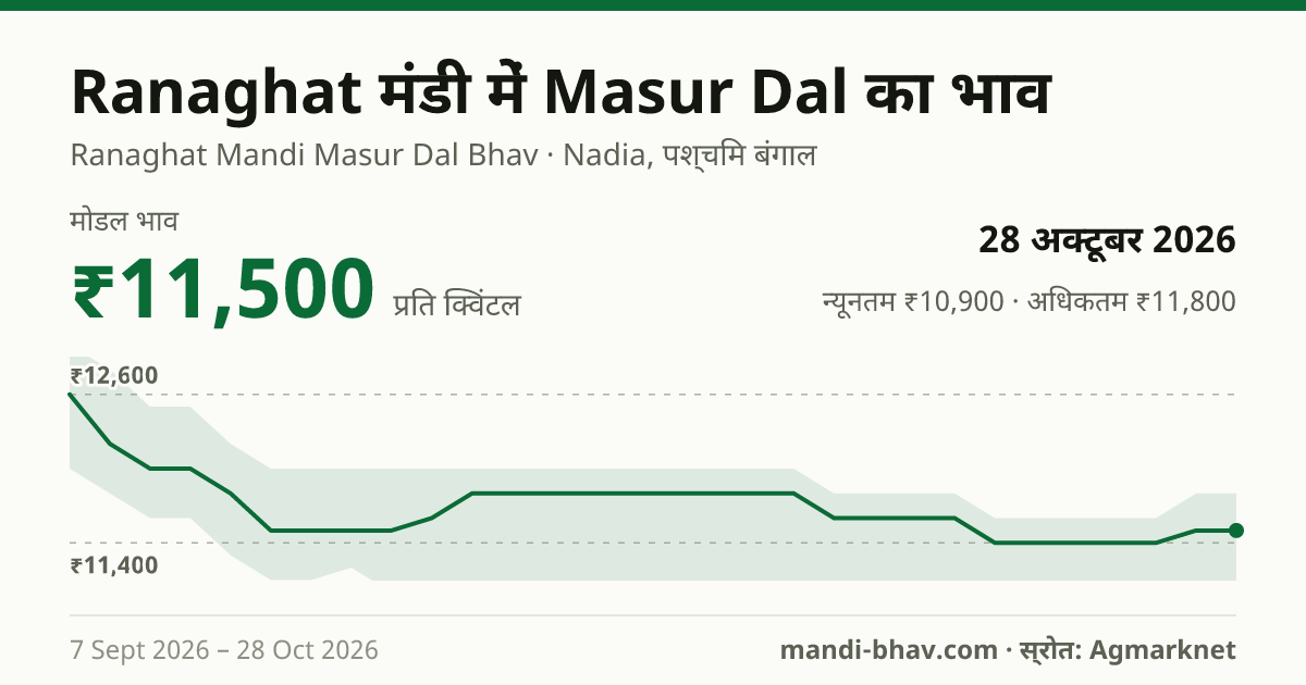 Ranaghat मंडी में Masur Dal का भाव 28 अक्टूबर 2026: मोडल ₹11,500 प्रति क्विंटल, भाव के रुझान का चार्ट