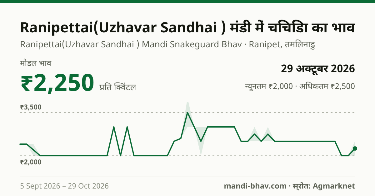 Ranipettai(Uzhavar Sandhai ) मंडी में चिचिंडा का भाव 29 अक्टूबर 2026: मोडल ₹2,250 प्रति क्विंटल, भाव के रुझान का चार्ट