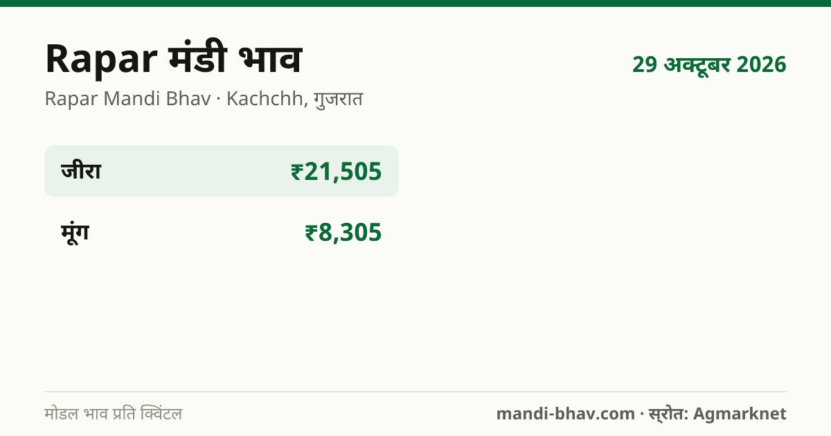Rapar मंडी भाव 29 अक्टूबर 2026: फसलवार मोडल रेट प्रति क्विंटल