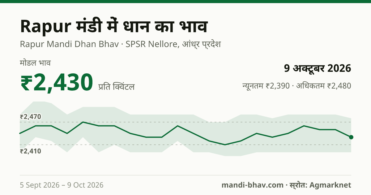 Rapur मंडी में धान का भाव 9 अक्टूबर 2026: मोडल ₹2,430 प्रति क्विंटल, भाव के रुझान का चार्ट