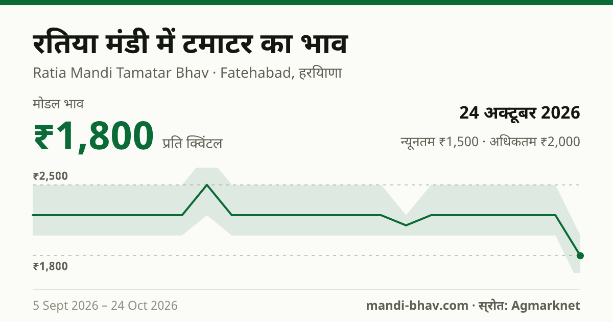 रतिया मंडी में टमाटर का भाव 24 अक्टूबर 2026: मोडल ₹1,800 प्रति क्विंटल, भाव के रुझान का चार्ट