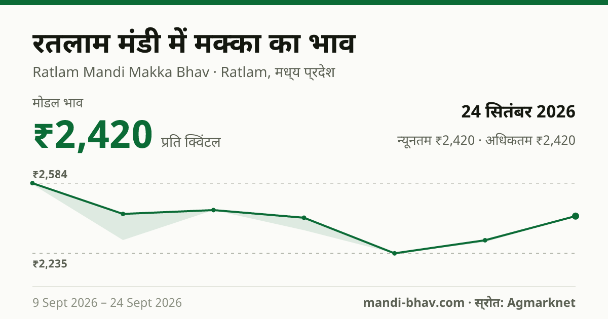 रतलाम मंडी में मक्का का भाव 24 सितंबर 2026: मोडल ₹2,420 प्रति क्विंटल, भाव के रुझान का चार्ट