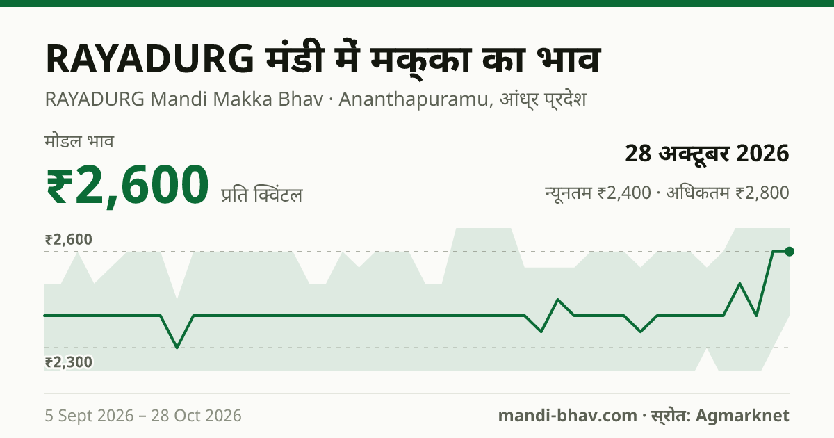 RAYADURG मंडी में मक्का का भाव 28 अक्टूबर 2026: मोडल ₹2,600 प्रति क्विंटल, भाव के रुझान का चार्ट