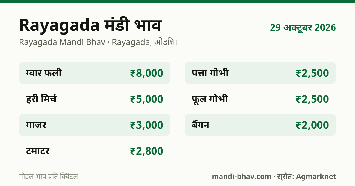 Rayagada मंडी भाव 29 अक्टूबर 2026: फसलवार मोडल रेट प्रति क्विंटल