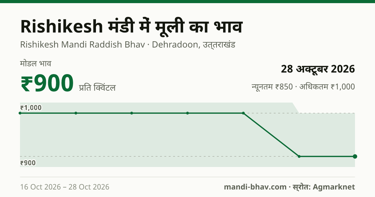 Rishikesh मंडी में मूली का भाव 28 अक्टूबर 2026: मोडल ₹900 प्रति क्विंटल, भाव के रुझान का चार्ट