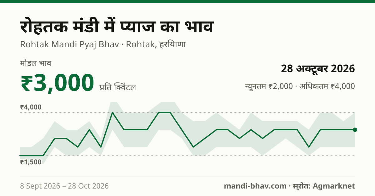 रोहतक मंडी में प्याज का भाव 28 अक्टूबर 2026: मोडल ₹3,000 प्रति क्विंटल, भाव के रुझान का चार्ट