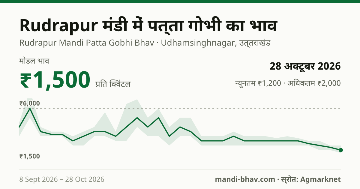 Rudrapur मंडी में पत्ता गोभी का भाव 28 अक्टूबर 2026: मोडल ₹1,500 प्रति क्विंटल, भाव के रुझान का चार्ट