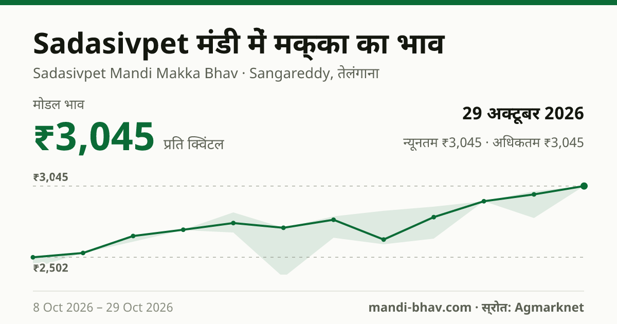 Sadasivpet मंडी में मक्का का भाव 29 अक्टूबर 2026: मोडल ₹3,045 प्रति क्विंटल, भाव के रुझान का चार्ट