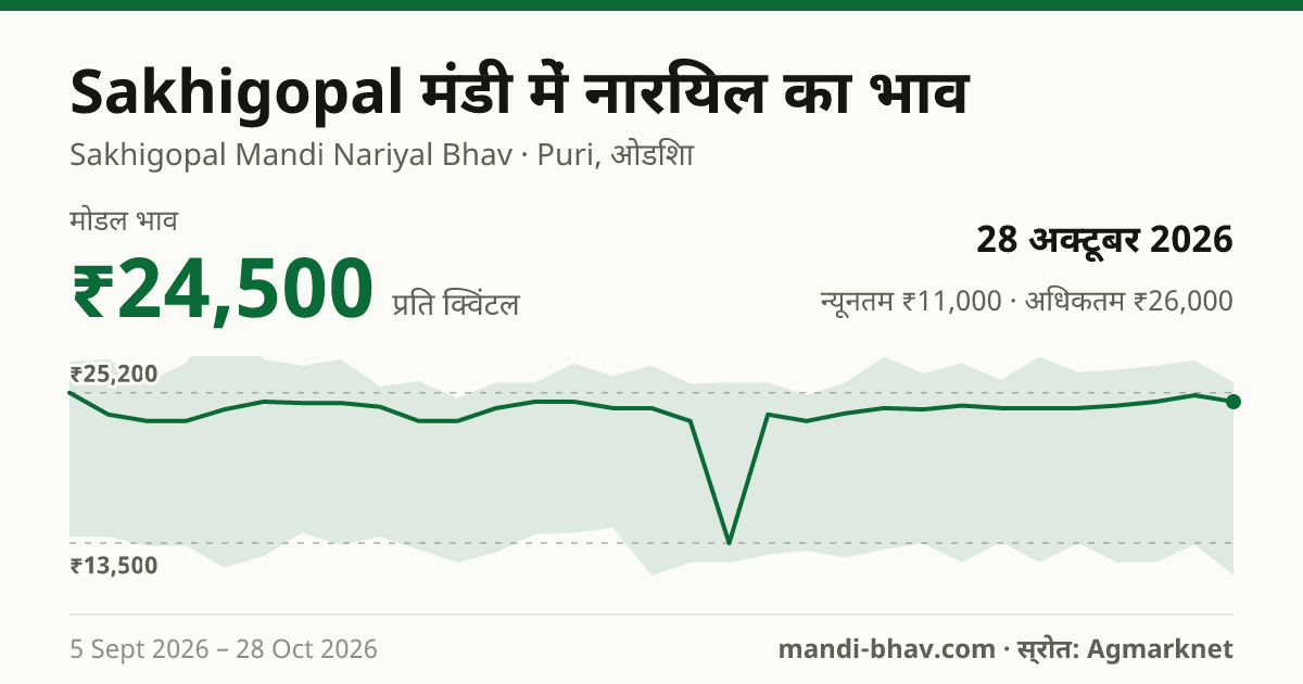Sakhigopal मंडी में नारियल का भाव 28 अक्टूबर 2026: मोडल ₹24,500 प्रति क्विंटल, भाव के रुझान का चार्ट