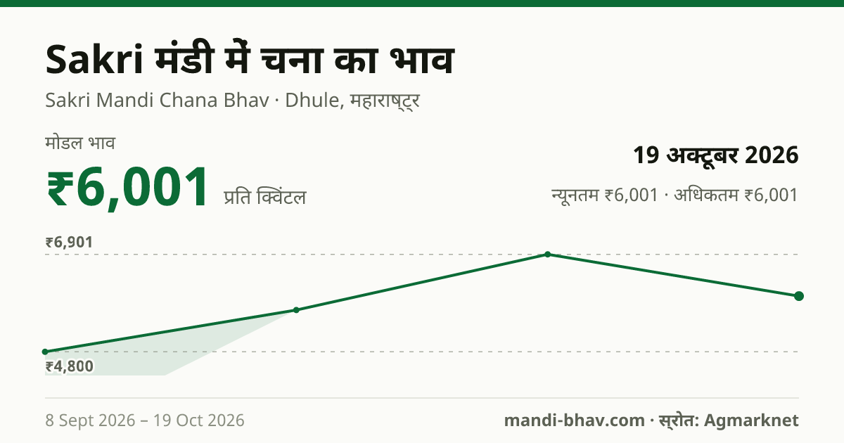 Sakri मंडी में चना का भाव 19 अक्टूबर 2026: मोडल ₹6,001 प्रति क्विंटल, भाव के रुझान का चार्ट
