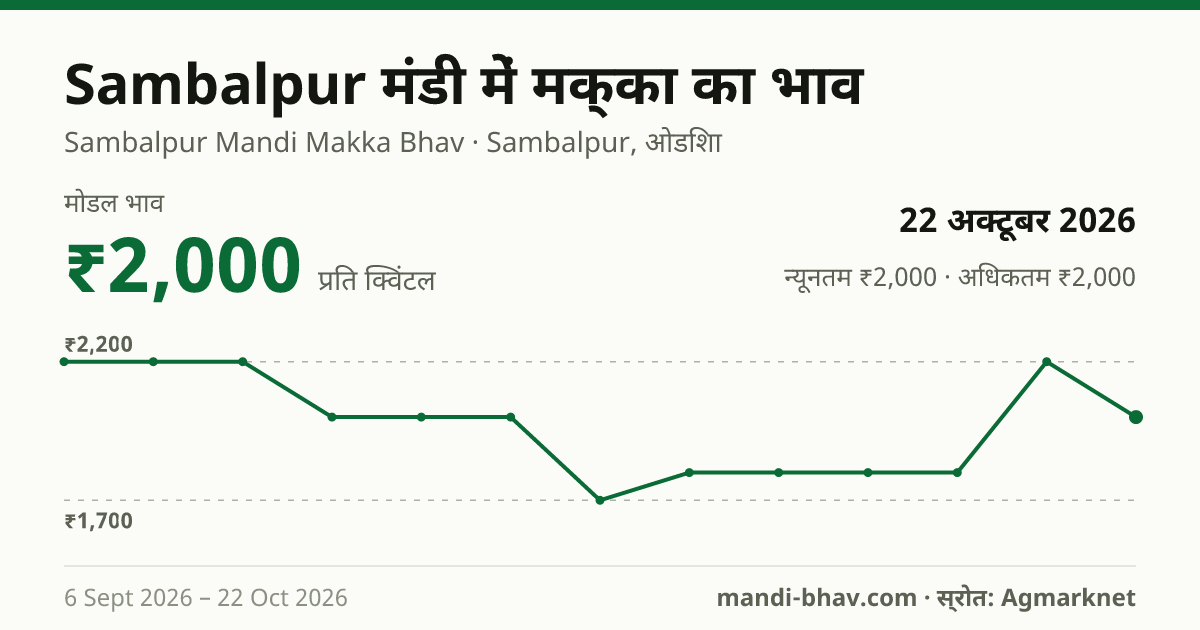 Sambalpur मंडी में मक्का का भाव 22 अक्टूबर 2026: मोडल ₹2,000 प्रति क्विंटल, भाव के रुझान का चार्ट