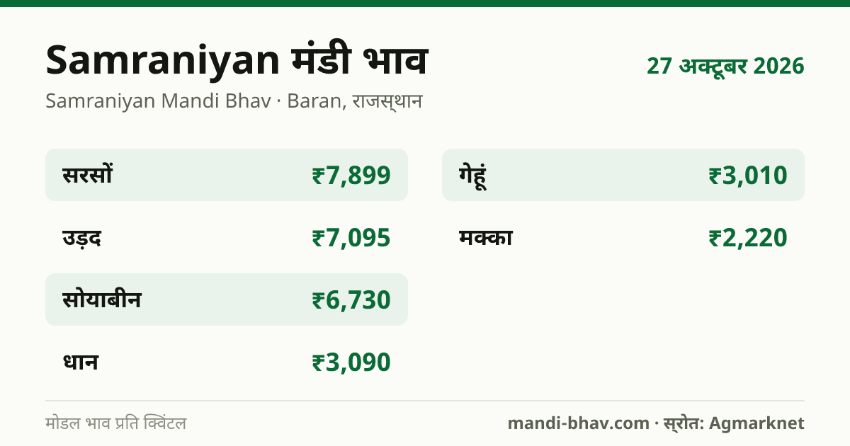 Samraniyan मंडी भाव 27 अक्टूबर 2026: फसलवार मोडल रेट प्रति क्विंटल