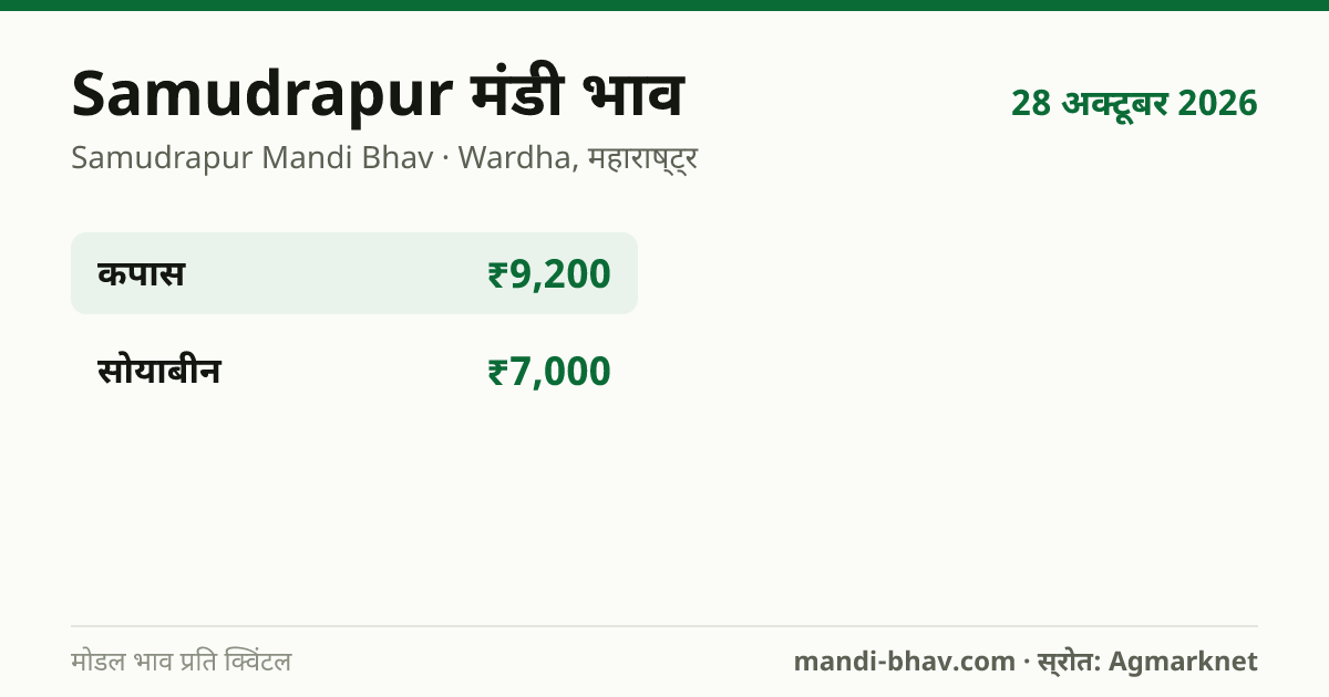 Samudrapur मंडी भाव 28 अक्टूबर 2026: फसलवार मोडल रेट प्रति क्विंटल