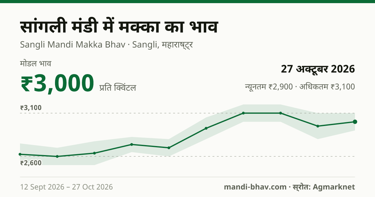 सांगली मंडी में मक्का का भाव 27 अक्टूबर 2026: मोडल ₹3,000 प्रति क्विंटल, भाव के रुझान का चार्ट