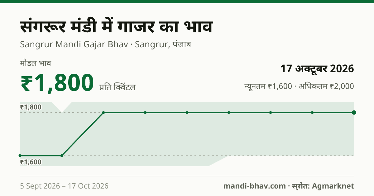 संगरूर मंडी में गाजर का भाव 17 अक्टूबर 2026: मोडल ₹1,800 प्रति क्विंटल, भाव के रुझान का चार्ट